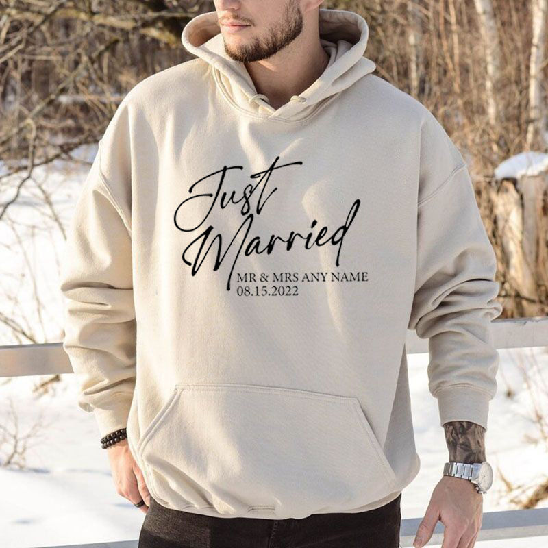 Felpa con cappuccio personalizzata Nome e data del segno "Just Married" Regalo creativo per gli amici del matrimonio