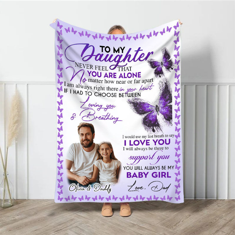 Personalized Picture Blanket with Purple Butterflies Pattern Beautiful Gift for Daughter