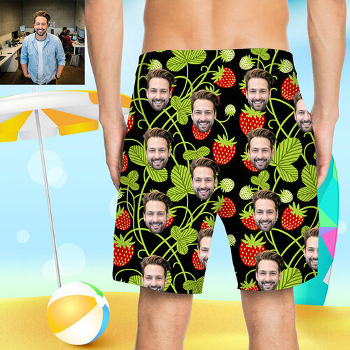 Custom Face Fresh Strawberries Men's Black Beach Shorts