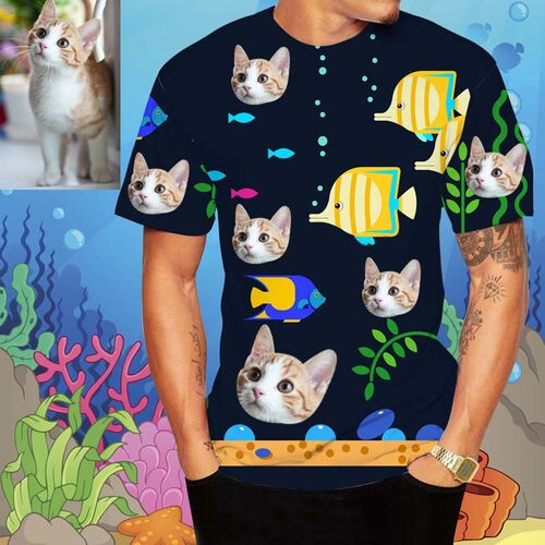 T-shirt hawaïen Visage personnalisé pour homme avec chat et poisson