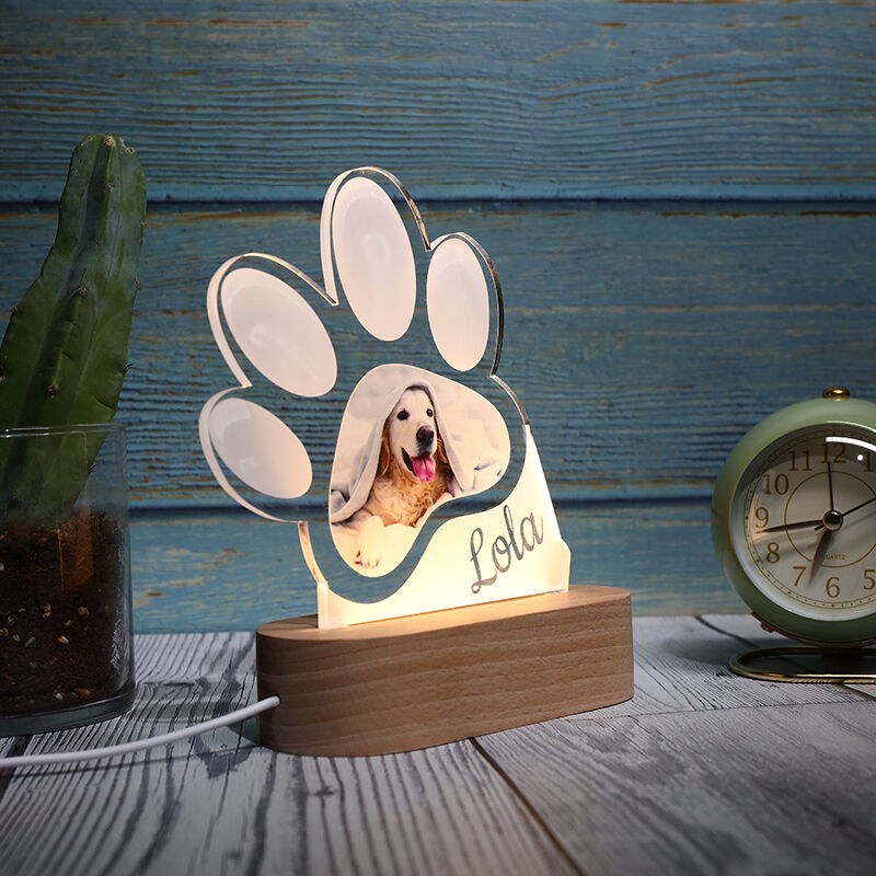 犬 猫 ペット 肉球 名入れ 写真入れ 木製 ナイトライト オーダーメイド