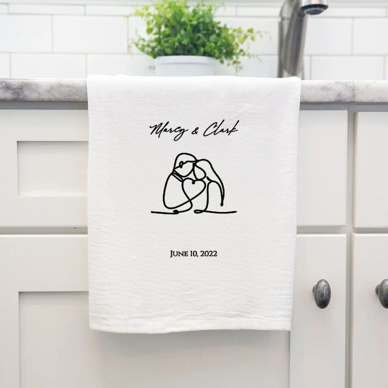 Personalized Towel with Custom Name Loving Couple Artistic Line Design Anniversary Gift