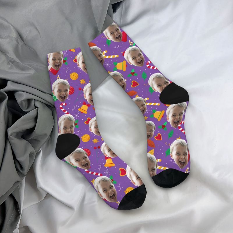 Custom Purple Face Socks with Photo Added as a Personalized Christmas Gift