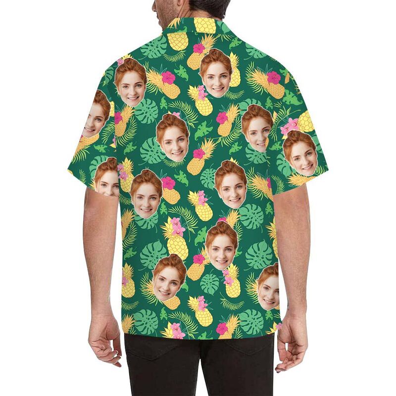Chemise hawaïenne à impression intégrale Visage personnalisé Délicieux ananas et feuilles pour hommes