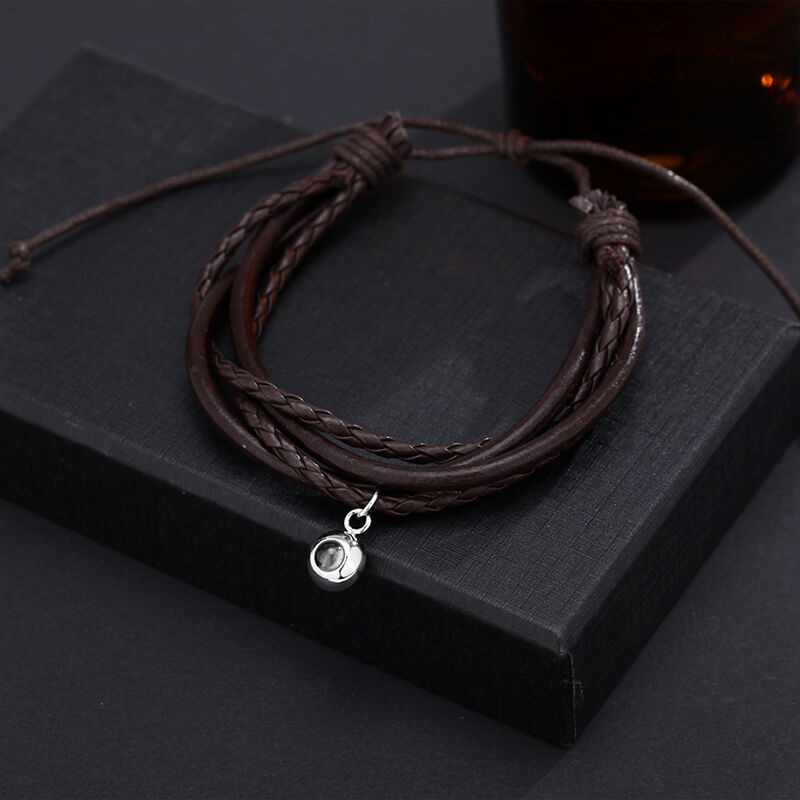 Personalized Projected Picture Heart Bracelet With Brown Leather Cord Warm Gift For Boyfrien