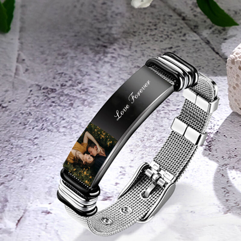 Pulseras personalizadas de malla de acero inoxidable para hombre foto de familia y nombre