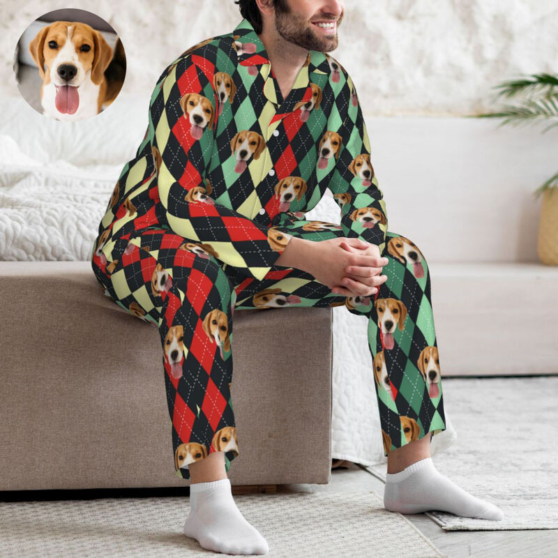 Personalisierte Pyjamas mit individuellem Haustierkopfbild Argyle-Muster Klassisches Design Exquisites Geschenk für die Familie