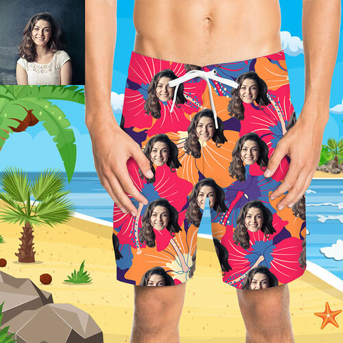 Pantaloni da Spiaggia Uomo Corti Personalizzati con Faccia e Foglie Arancione e Rosso