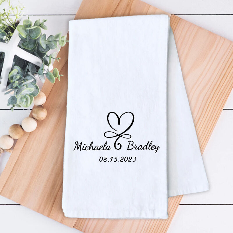 Personalized Towel with Custom Couple Name and Date Elegant Heart Design Unique Wedding Gift