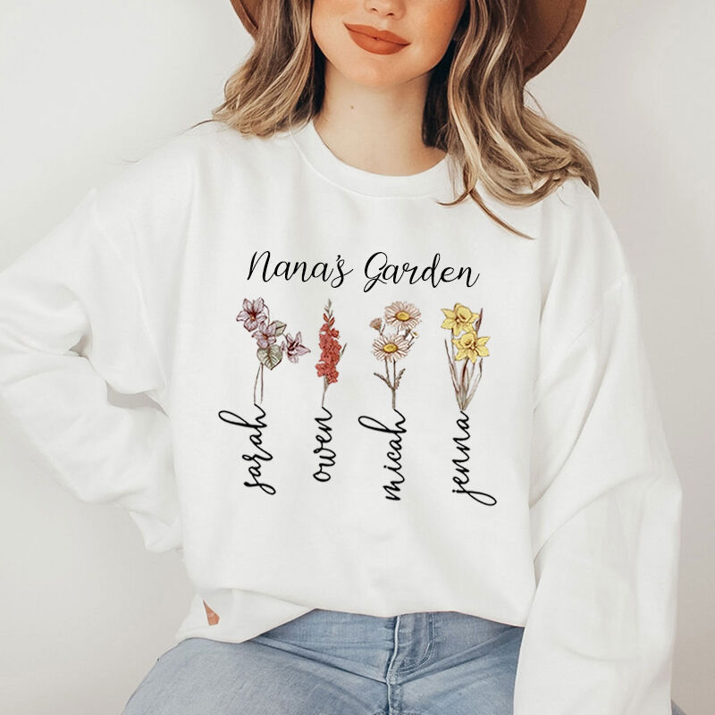 Sweatshirt personnalisé Nana's Garden Birth Flower avec noms personnalisés Cadeau parfait pour la fête des mères