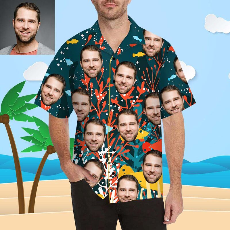 Chemise hawaïenne à impression intégrale pour hommes avec visage personnalisé corail et poisson