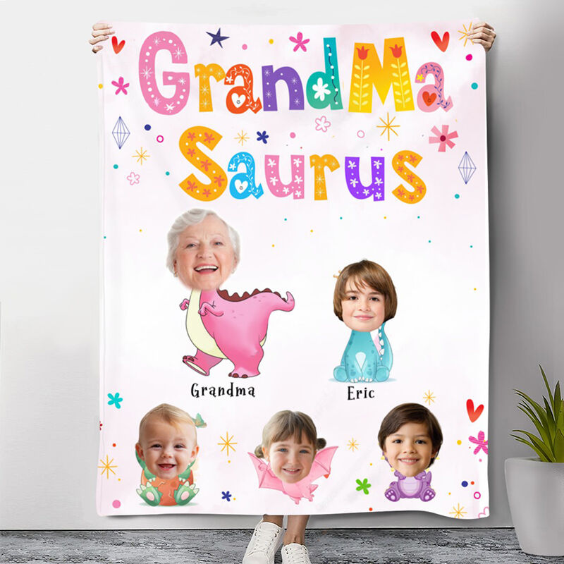 Personalized Name Blanket with Custom Dinosaur Pattern Cute Gift for Grandma