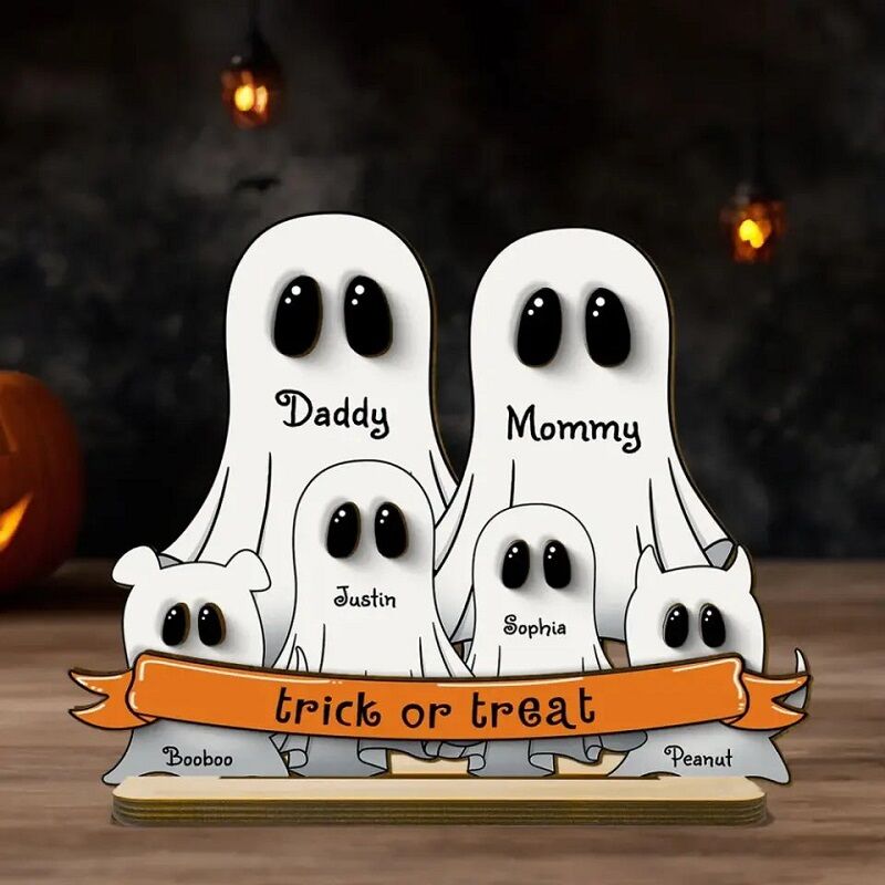 Spersonalizowana drewniana ramka z napisem Trick Or Treat Ghost Family Design Idealne Cadeau na Halloween