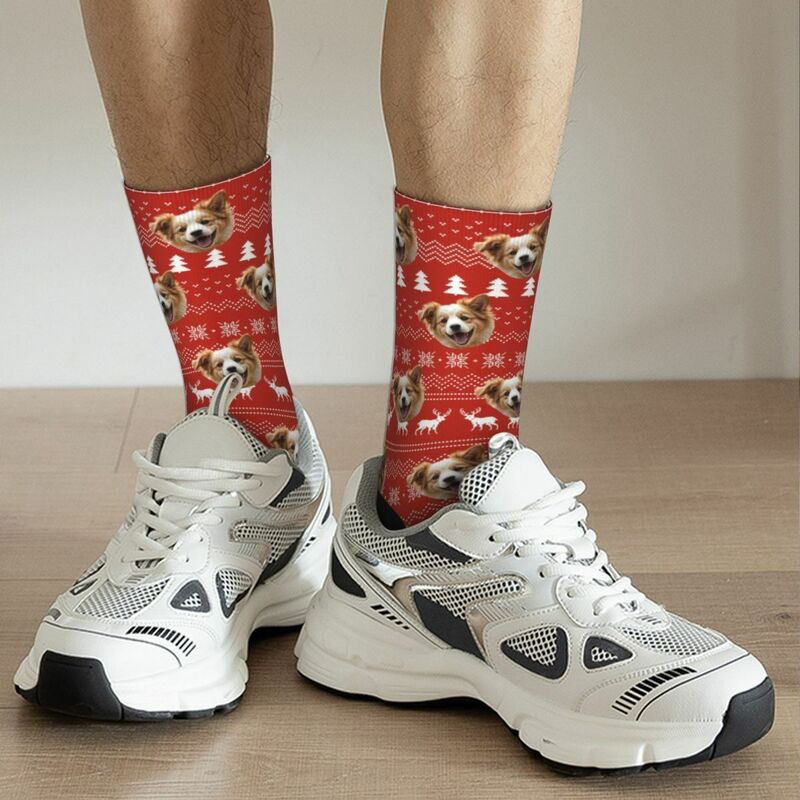 Custom Face Socks Red Knitted Socks with Elk Pattern Christmas Gift for Pet Owners