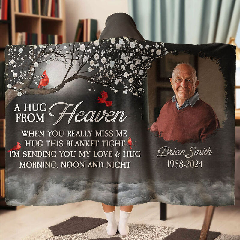 Personalized Picture Wearable Blanket Hoodie with Birds Pattern Memorial Gift for Family