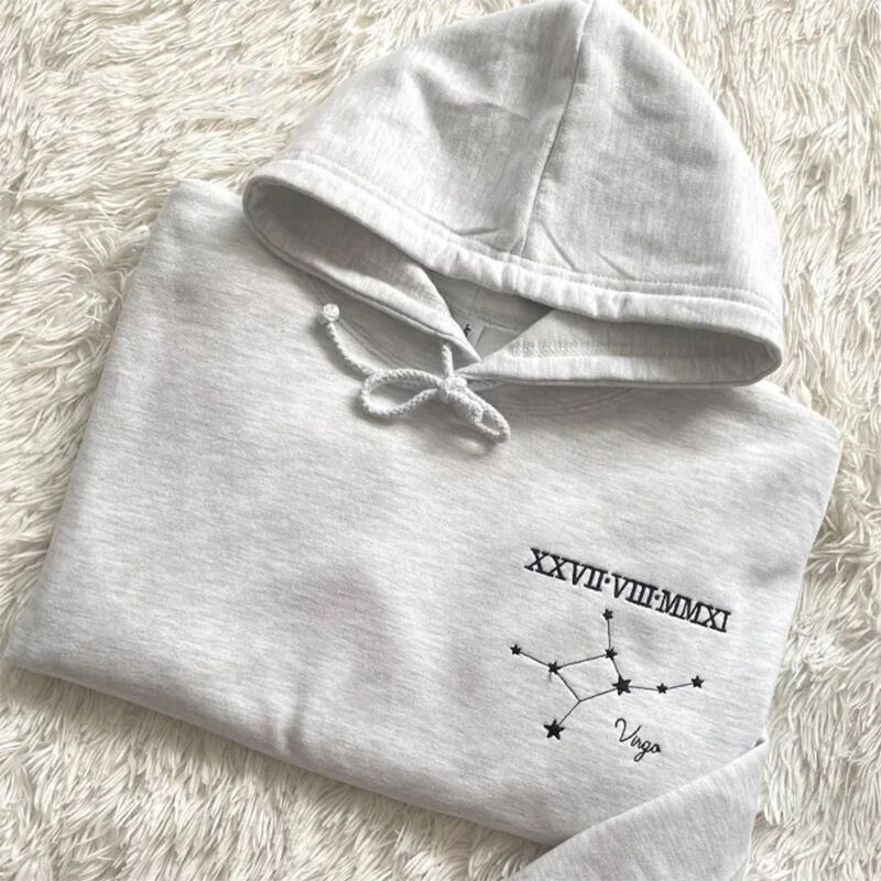 Personalized Hoodie Embroidered Roman Numeral Date and Constellation Unique Gift for Couple's Anniversary