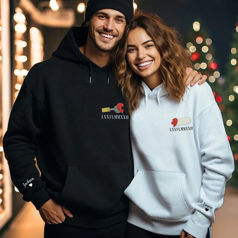 Personalized Hoodie Embroidered Cartoon Heart Puzzle with Roman Numeral Date Precious Gift for Lovers