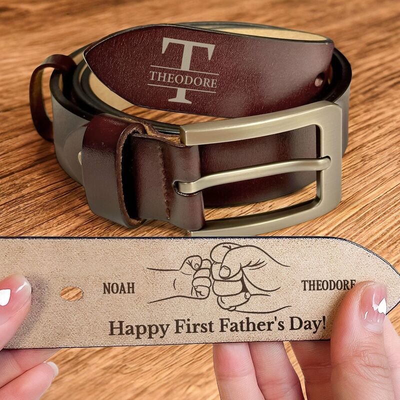 "Happy First Father's Day" Personalized Engraved Leather Belt Unique Gift for New Dad