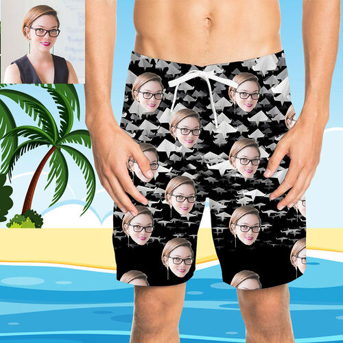 Pantaloni da Spiaggia Uomo Corti Personalizzati con Faccia e Aereo di Carta