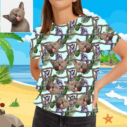 T-shirt "Un raton laveur sur la corde" hawaïen personnalisé pour femme avec visage d'animal domestique