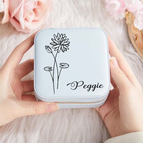 Boîte à bijoux carrée personnalisée avec nom personnalisé et fleur de naissance pour elle