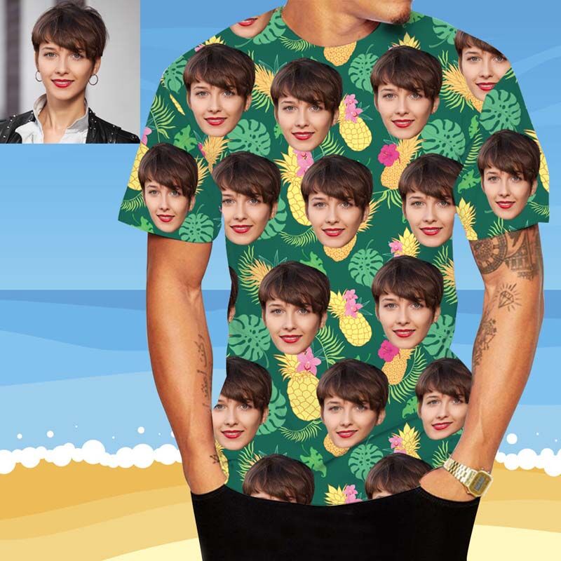 Custom Face Hawaiian T-Shirt With Pineapple & Leaves