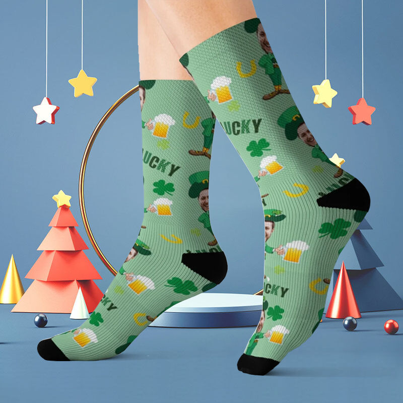 "LUCKY" Custom Face Picture Socks  Printed with Four-leaf Clover for Boyfriend