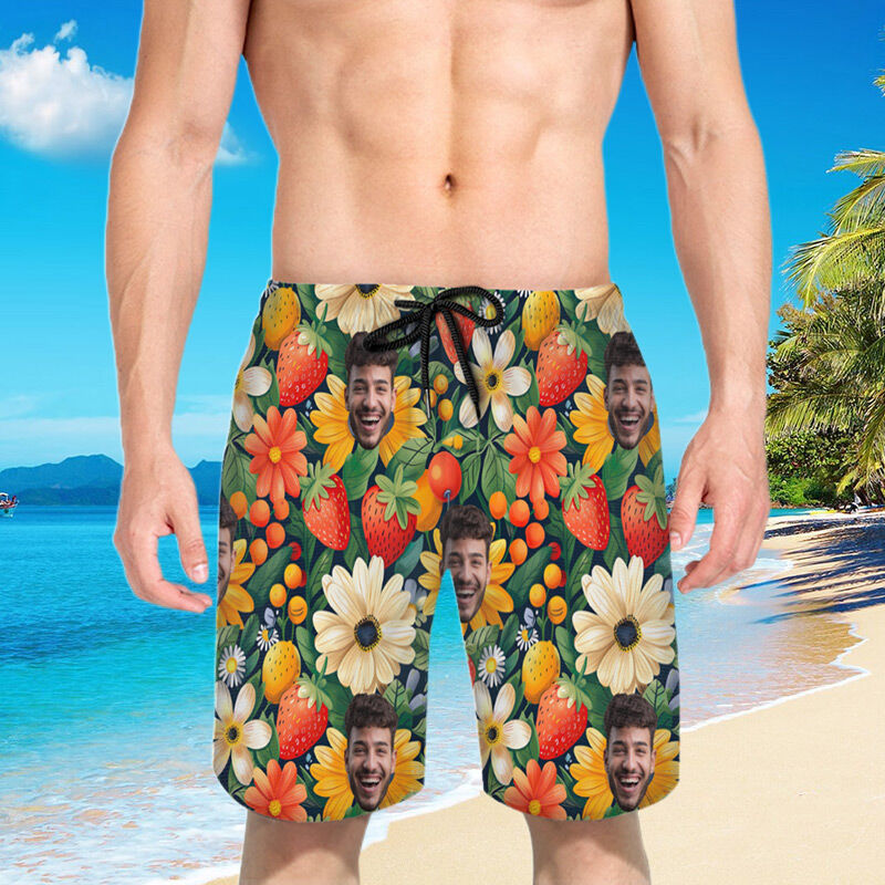 Personalized Picture Men's Beach Shorts with Strawberry Pattern Attractive Gift for  Friend