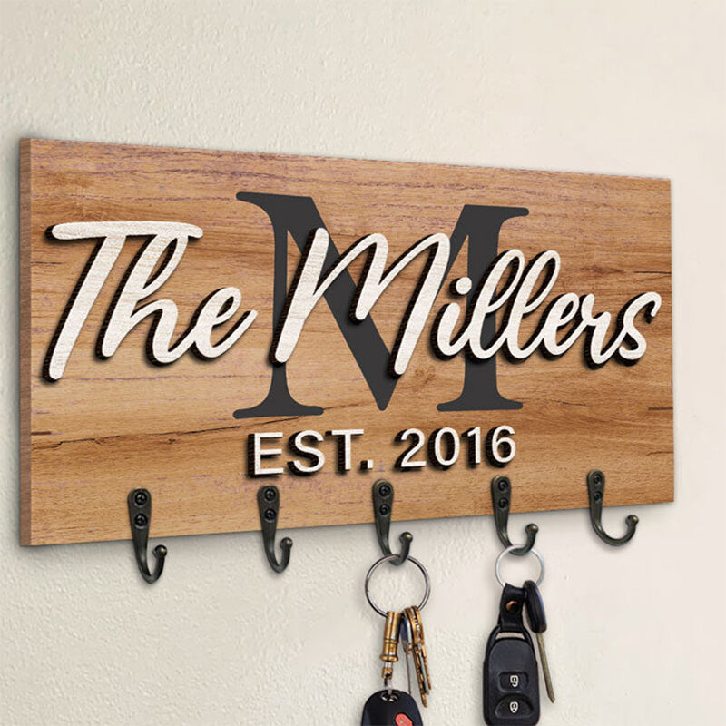 Personalized Key Hanger Custom Initial and Last Name Artistic Design Home Decor Gift for Family