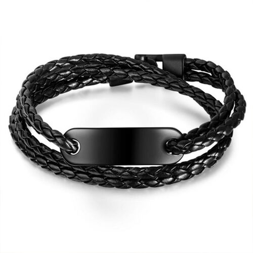 Schwarzes Lederarmband mit Gravur für Herren in Edelstahl