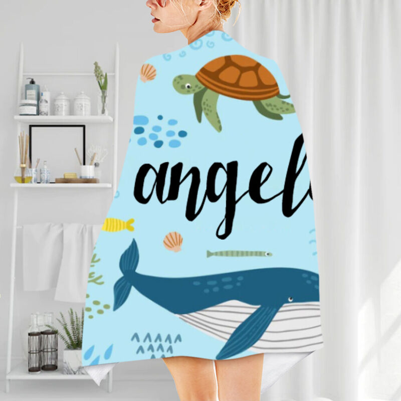 Personalized Name Bath Towel with Underwater World Pattern for Kids