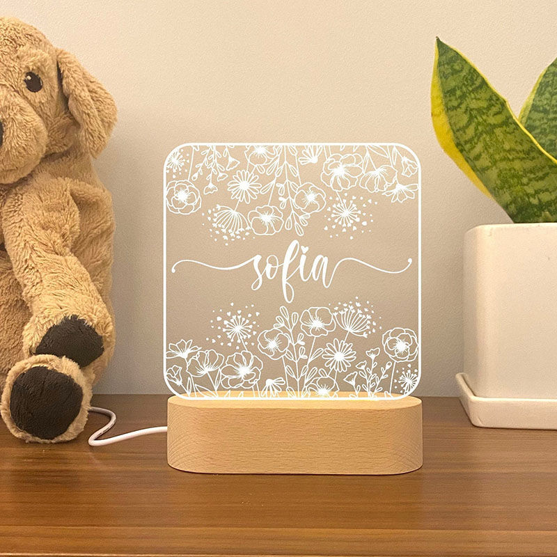 Lámpara de Acrílico Personalizada con Nombre y Patrón de Flores - Regalo Creativo para la Familia