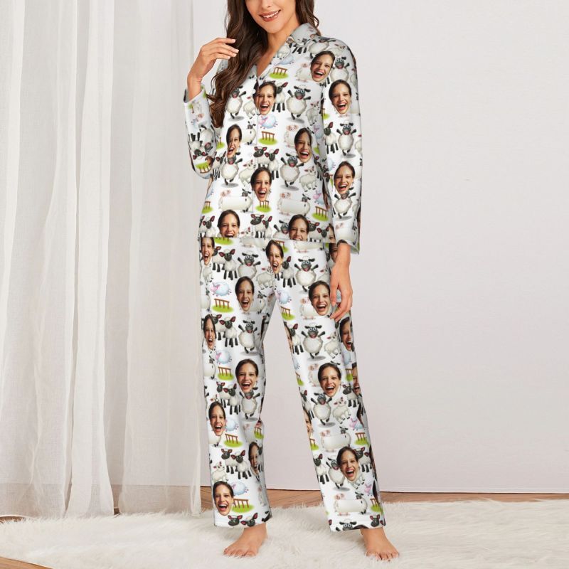 Personalized Pajamas Custom Photo Cute Sheep Cartoon Pattern Design Playful Gift for Family