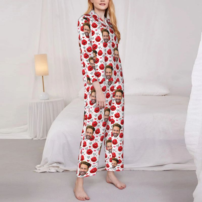 Personalized Pajamas Custom Couple Photo Hot Kiss Heart Pattern Design Perfect Gift for Lovers