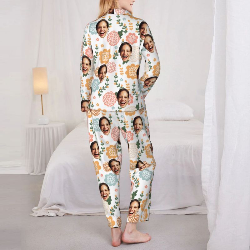 Personalized Pajamas Custom Photo Colorful Floral Pattern Elegant Design Gift for Her Family