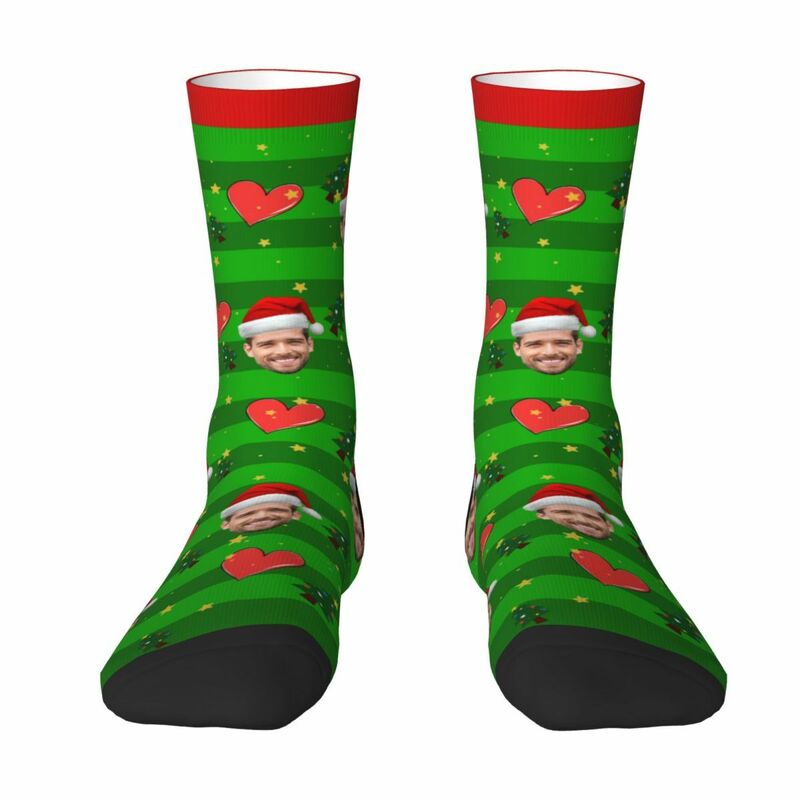 Custom Face Socks with Love Heart and Santa Hat Cute Socks Christmas Gifts for Couples