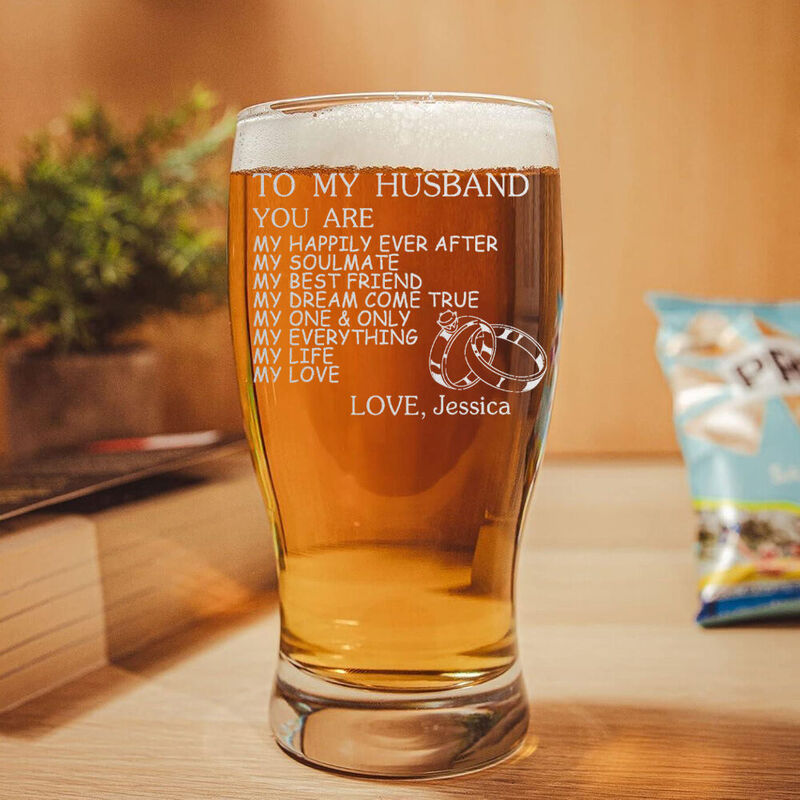 Personalized Name Beer Glass with Wedding Rings Pattern Romantic Gift for Husband "You Are My Life"