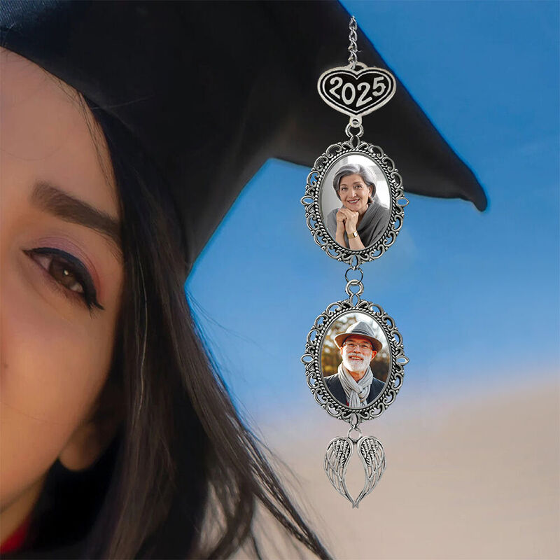 Personalized Graduation Tassel Customized Photo and 2025 Text Angel Wing Pendant for Grandson