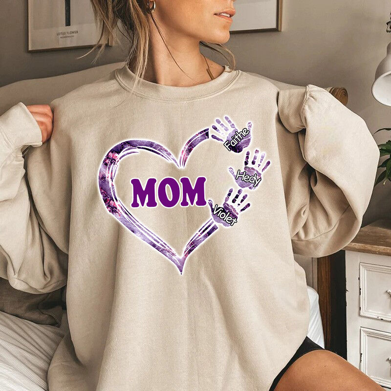 Personalized Sweatshirt Custom Kids Name Sparkling Heart Hands Design Exquisite Mother's Day Gift