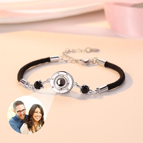 Pulsera personalizada de proyección de fotos disco redondo con cuerda negra para esposa