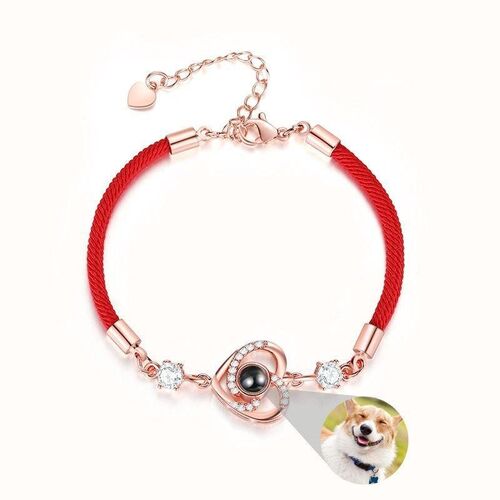 Personalized Photo Projection Bracelet with Red Cord-Heart Rose Gold