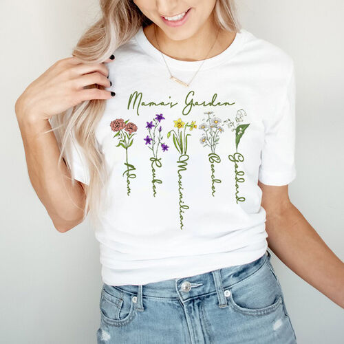 Personalisiertes T-Shirt Mama's Garden mit individuellem Namen und Blume für die beste Mutter
