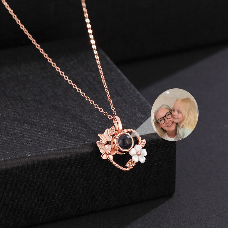 Sterling Silver Personalized Heart Flower Photo Projection Necklace with Diamonds