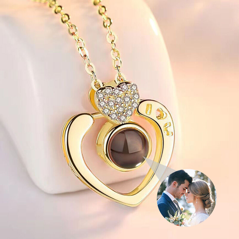 Personalized Double Heart Photo Projection Necklace with Diamonds for Valentine's Day