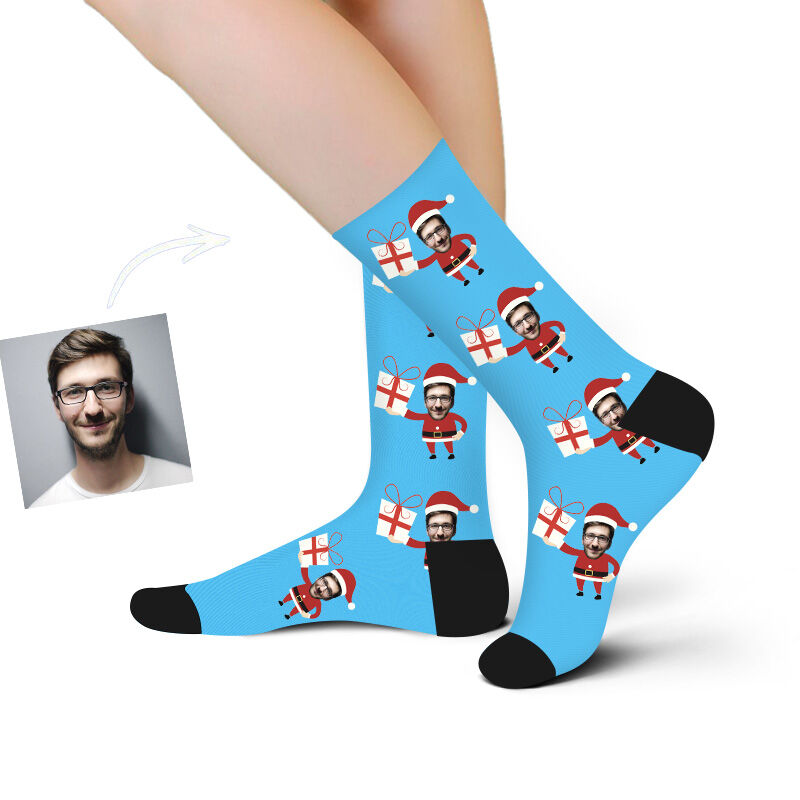 Custom Face Picture Socks Printed with Santa Holding a Gift for Christmas