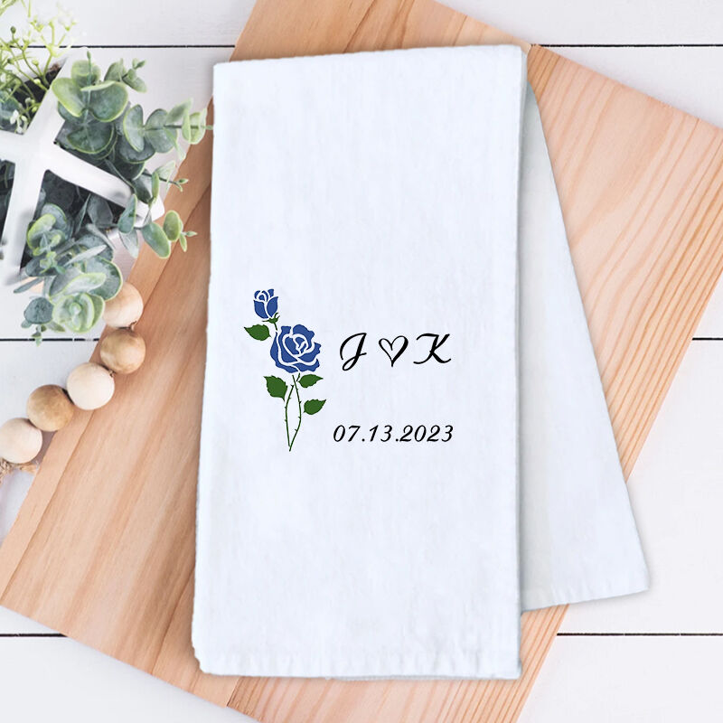 Personalized Towel with Custom Couple Letter and Date Pretty Blue Rose Design Gift for Lover