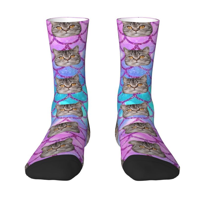 Personalized Face Socks Add Cat Photo Colorful Fish Scale Pattern Gift for Pet Lovers