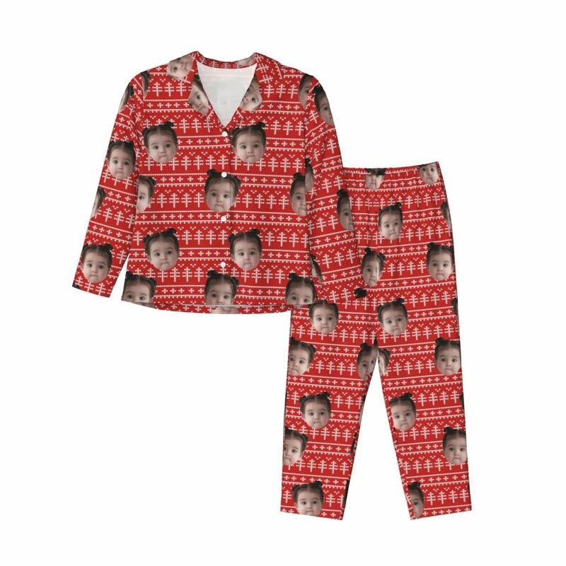 Personalized Pajamas Custom Photo Pixel Christmas Tree Red Style Pattern Design Perfect Gift for Her