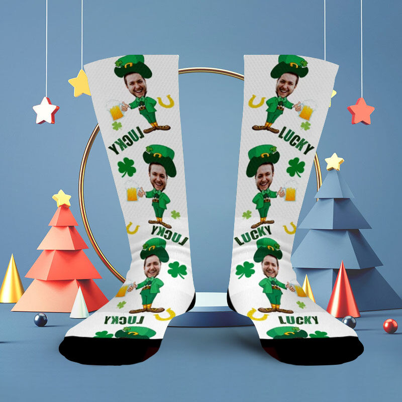 "LUCKY" Custom Face Picture Socks  Printed with Four-leaf Clover for Boyfriend