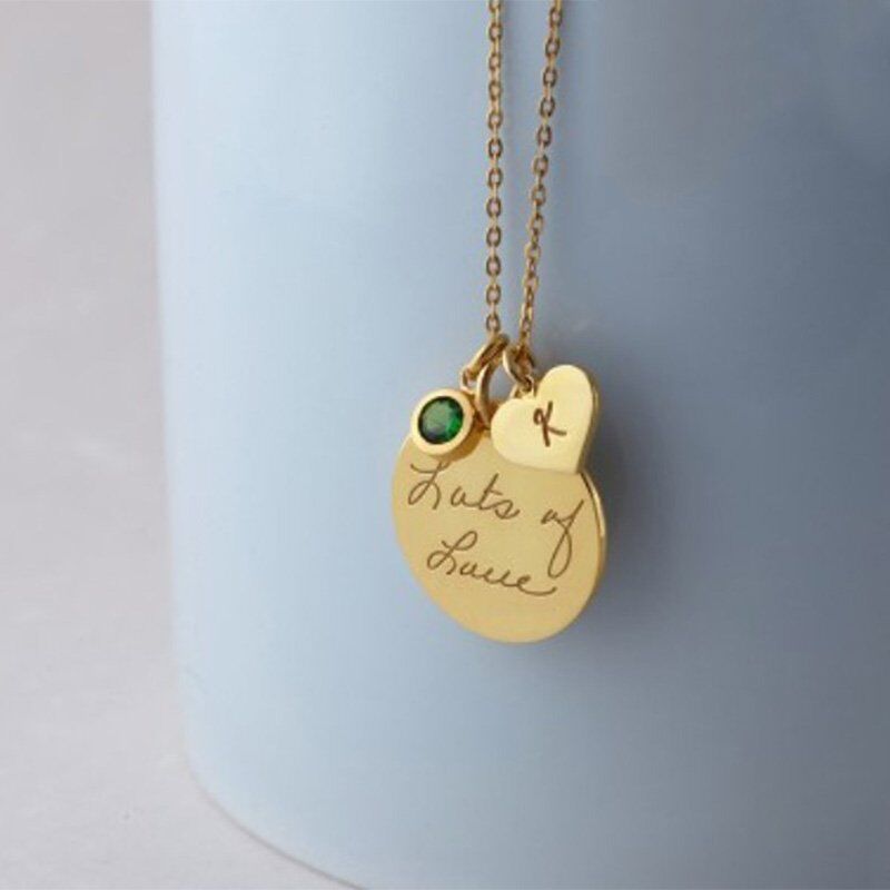 Disc Handwriting Name Necklace-Gift For Women-Initial and Birthstone Charm